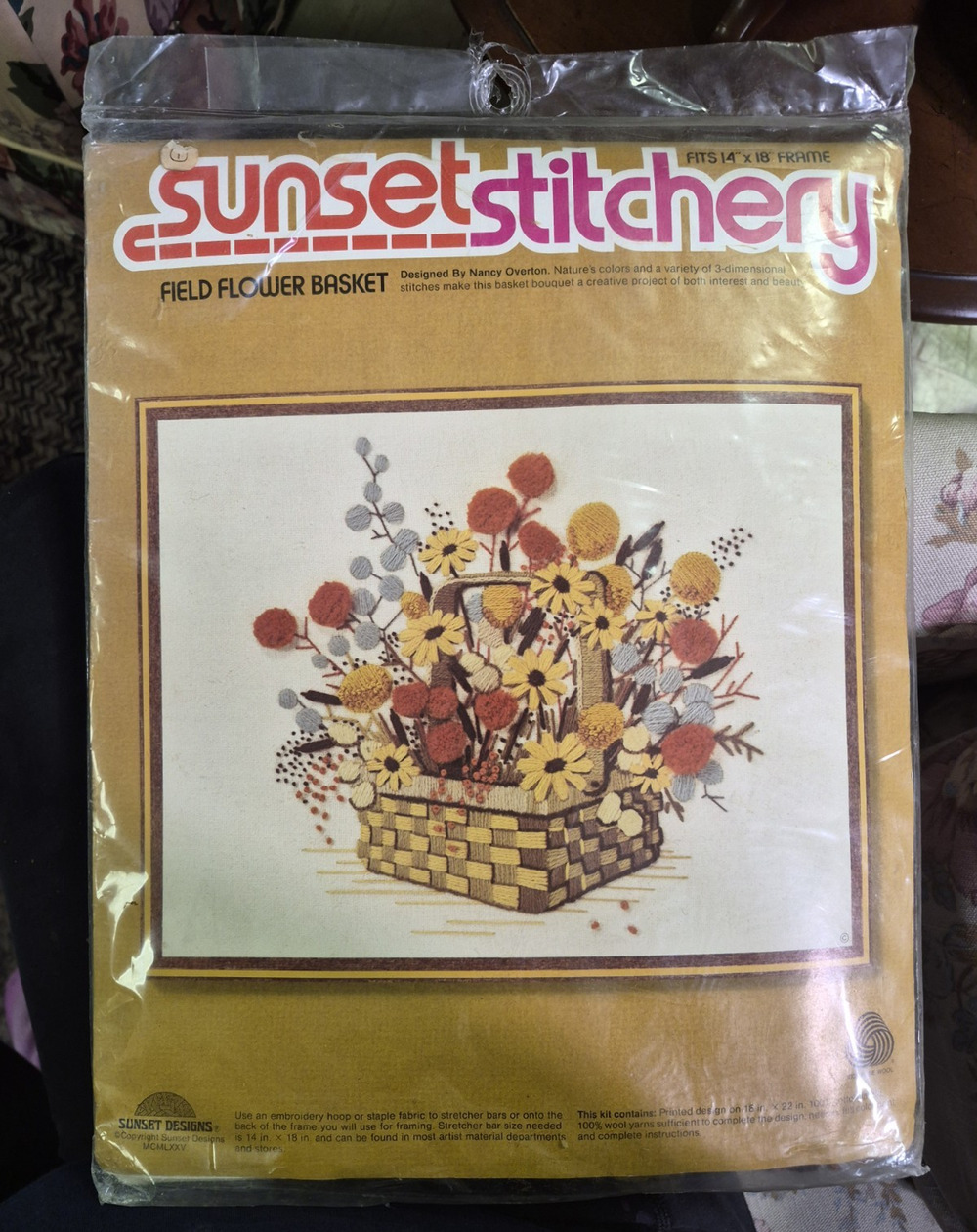 Sunset Stitchery Field Flower Basket Hand Embroidery Kit Framed Picture